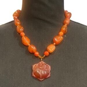 Vintage Korea Carnelian Rose Pendant Necklace Hand Carved Statement Floral 111g